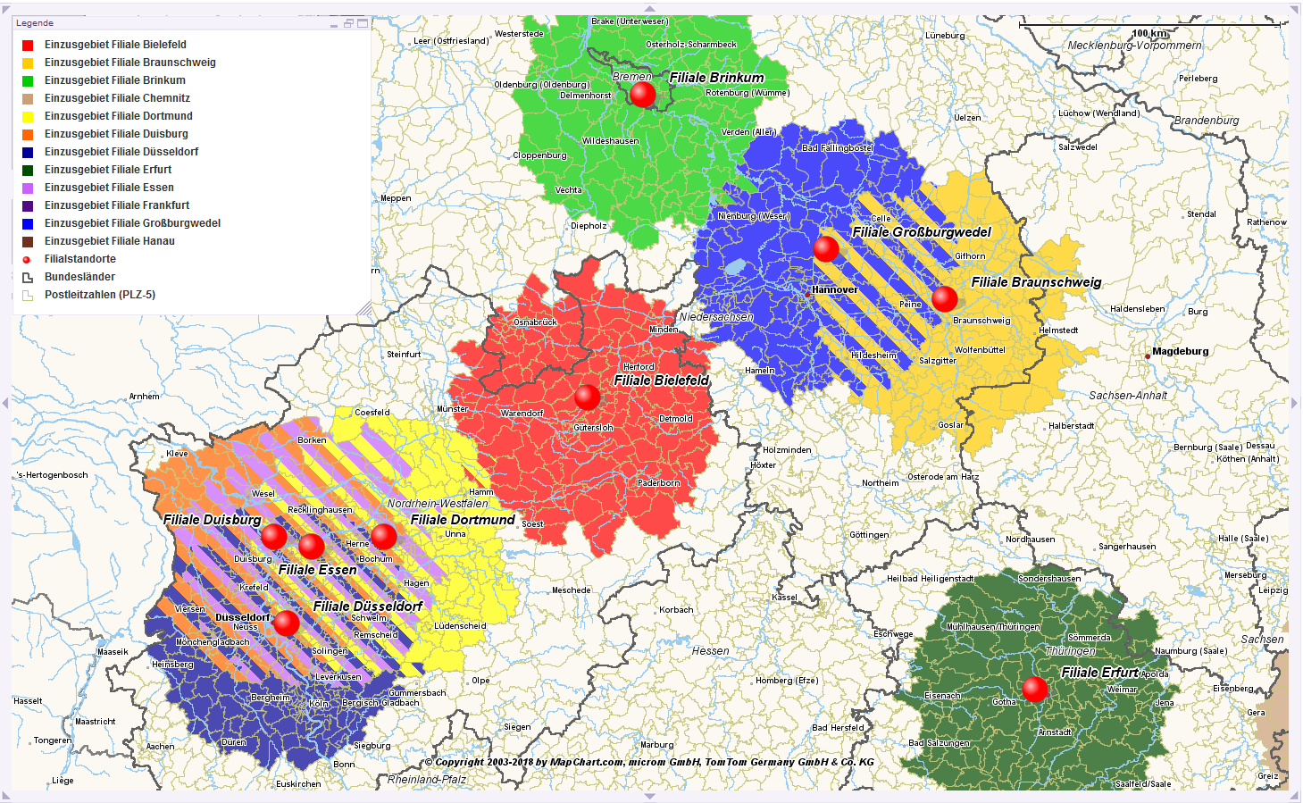 Karte mit Niederlassungen in mehreren deutschen Städten, dargestellt in einzelnen Farben. Es werden auch Zweigstellen, Bundesländer und Postleitzahlen mit den entsprechenden Symbolen angezeigt