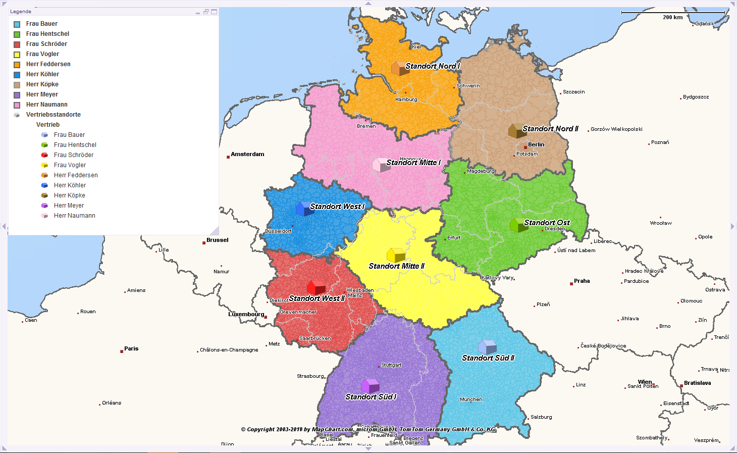 Eine Deutschlandkarte mit Regionen in verschiedenen Farben zur Darstellung der Vertriebsgebietsplanung und -optimierung von microm. Die farbigen Bereiche repräsentieren die Zuständigkeitsbereiche der einzelnen Verkäufer. Die Standorte der Verkäufer sind mit Haus-Pictogrammen dargestellt.